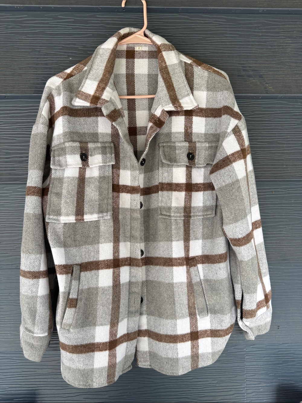 Women’s Plaid Button-Down Shacket in Cream, Gray & Brown with POCKETS
